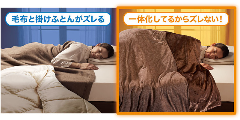 ただの1枚毛布ではなく、中に掛け布団を入れられる構造で、それ自体にも中わたを入れた、新ジャンルの寝具。|掛け布団と毛布、もうズレない!温かさもとびきり、布団カバーと毛布のオールインワン寝具|CRESCALORE(クレスカローレ)