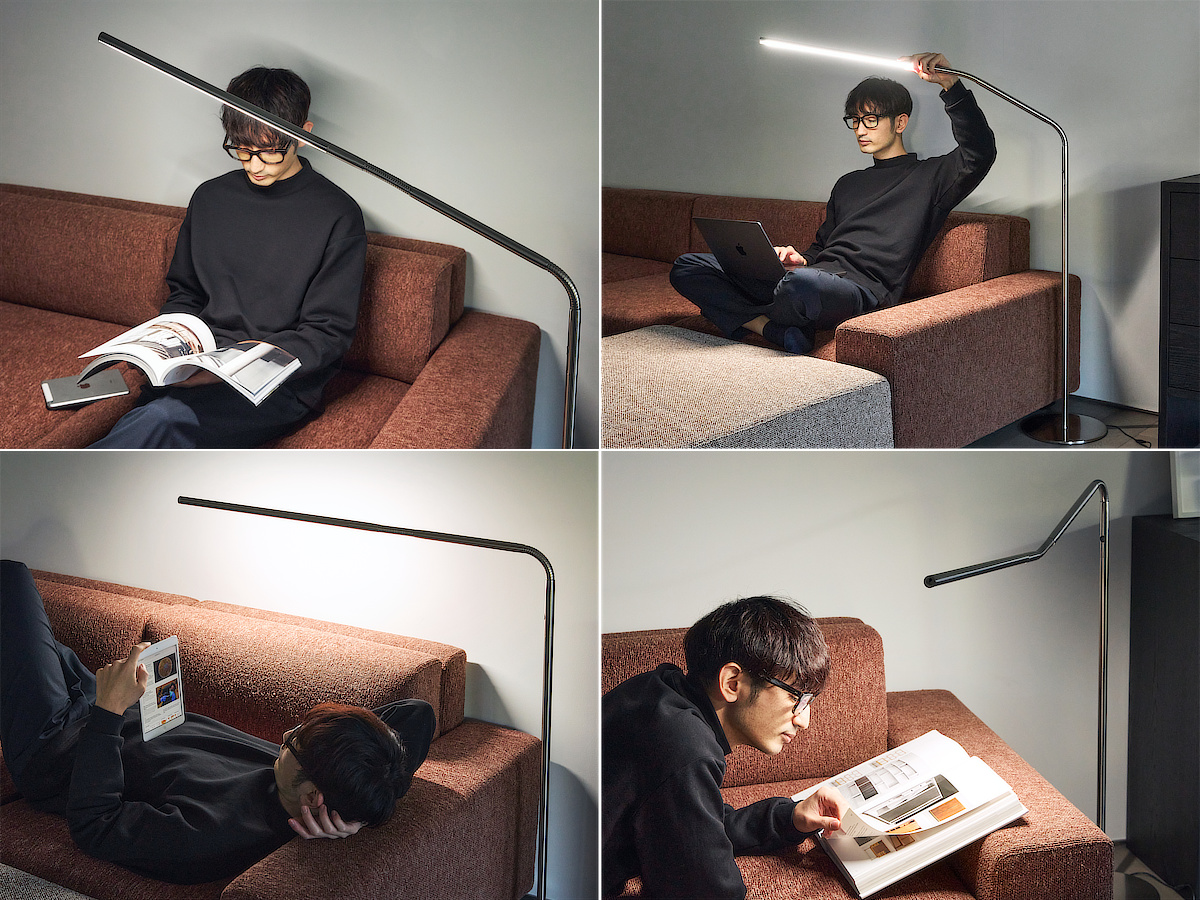 ソファに浅く座って資料に目を通す。背もたれにドッシリともたれて画集を眺める。仰向けに寝そべってマンガを読む。うつ伏せになって雑誌を見る。どんな姿勢でも、ベストポジションに光を呼べるフロアライト|Daylight - Slimline3