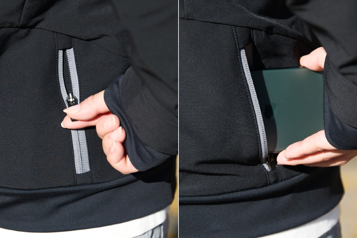 背面の腰部分には鍵やコインケース、スマホを収納できるジッパー付きポケット|NASAが宇宙服に使う断熱材を応用した、薄さ2ミリの「ソーラーコア」を使った「アウトライヤージャケット」|Oros(オロス)