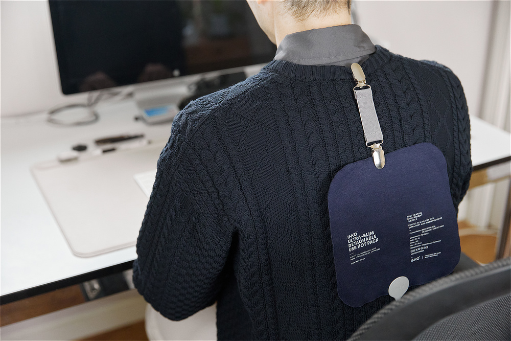 わずか1.5ミリの薄いシートが、あなたの冷えたカラダを気持ちよく温めてくれます|クリップ付きで服に仕込める!銀ナノインクで温める特許技術の「USBウェアラブルヒーター」|INKO(インコ)