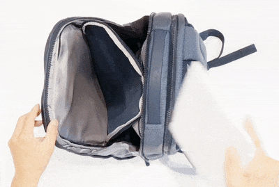 前側の収納部|180°開く収納コンパートメントだからスマートに収納できる。出張や旅行にぴったりのバックパック|NAVA