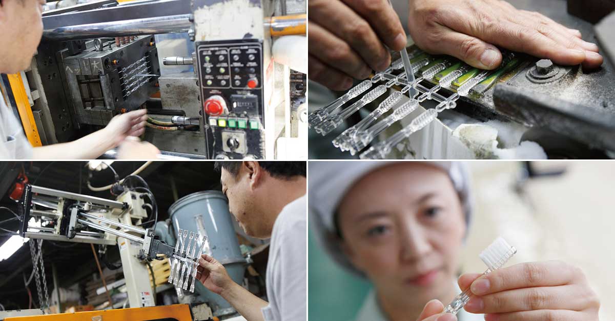 ブラシも本体も、日本製。ものづくりの町・東大阪で、熟練の職人さんたちが、手作業で成型やチェックを長年続けています。光触媒の効果で、歯磨き粉なしでも歯垢がとれる「歯ブラシ」|SOLADEY