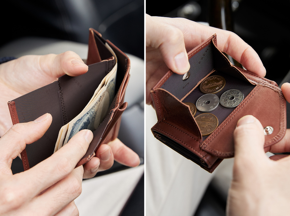 ミニマムなルックスと賢い収納の妙で、毎日の買い物の所作とバッグの中身を、すっきりスマート化|スキミング防止機能付、1軍カードに直アクセス、コイン・お札も入るコンパクト財布(ウォレット)|EXENTRI(エキセントリ)