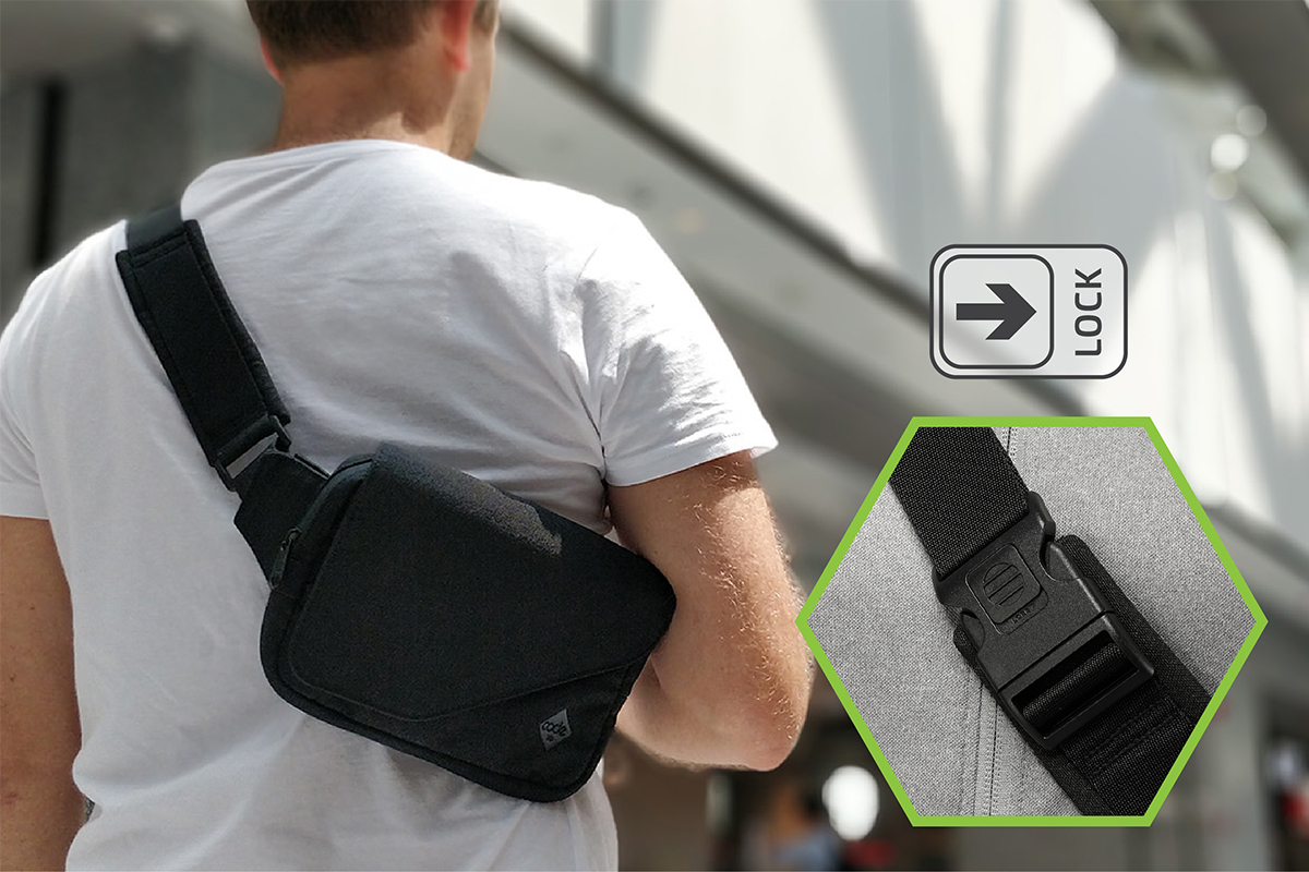 ロック付きのバックルを搭載した錠が掛けられるストラップ付きの着る財布(ボディーバッグ型財布)|Code10
