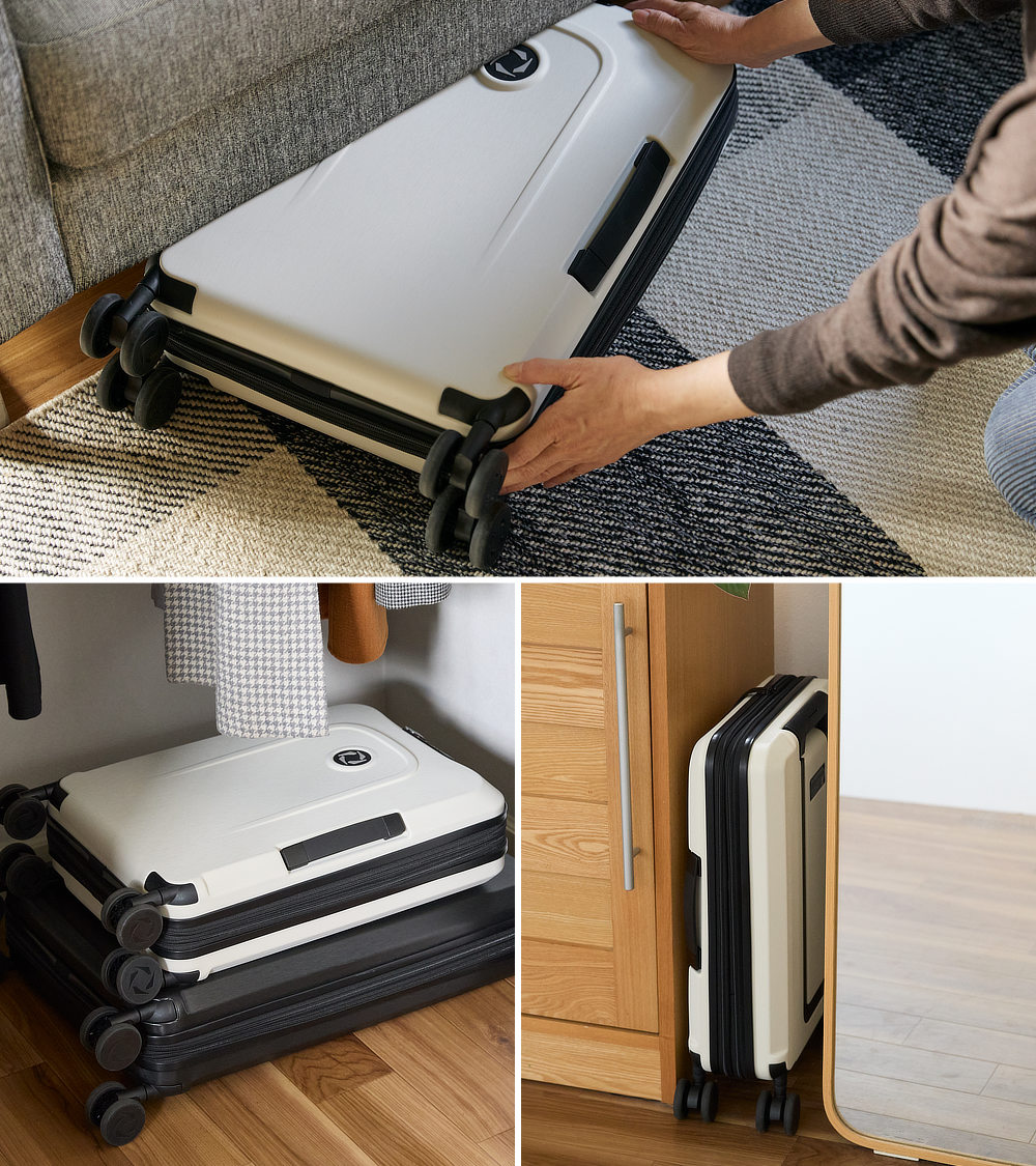 スリムになるから、ベッドやソファの下、家具のスキマ、クローゼットのデッドスペースに収まり、収納の省スペースが叶います。折りたたんだ状態で自立するのもいいところ。スーツケース「senz°（センズ）oldaway（フォルダウェイ）」