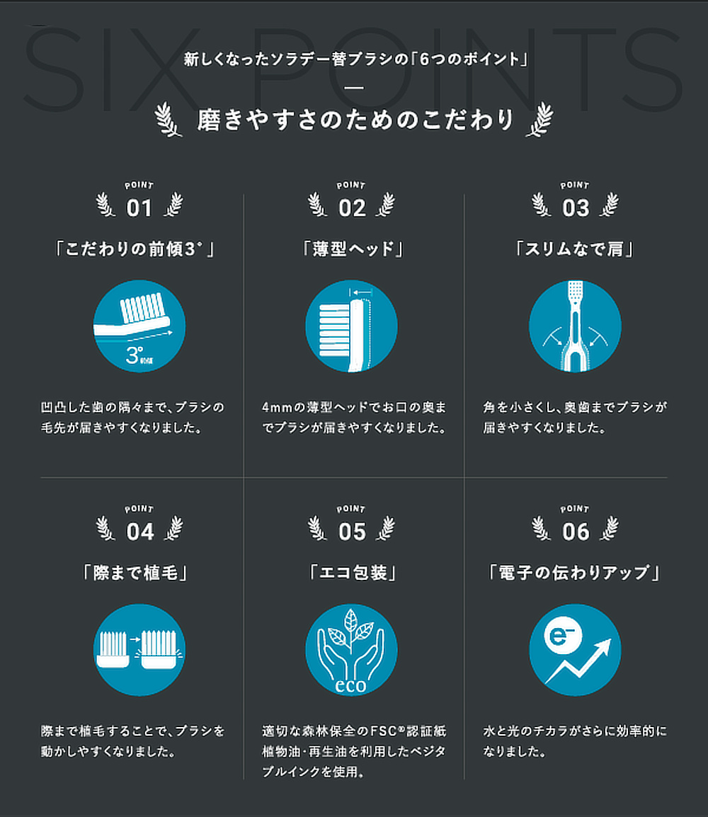 《SOLADEY替えブラシ4本組み／4列ワイド 全極細スパイラル毛》備長炭＋銀イオン配合、ねじり毛の凹凸で歯垢をからめとる、極細替えブラシ｜SOLADEY