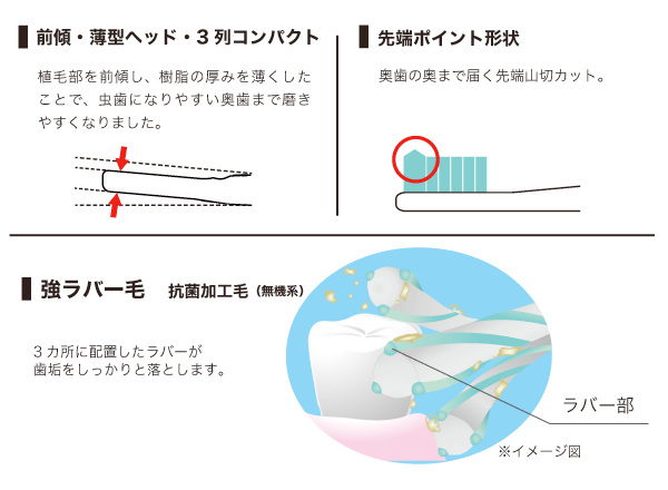 《SOLADEY替ブラシ4本組／3列コンパクト・強ラバーポイント毛》コシのあるラバー毛が歯垢をしっかりと落とす、コンパクト替ブラシ｜SOLADEY