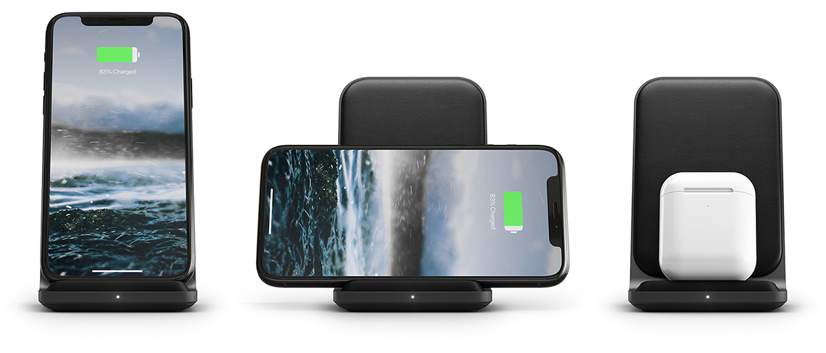 縦・横どちらの向きでも高速でスマホ充電ができます。小さなAirPodsも置くだけでOK。そのままスマホチェックも動画視聴も快適な「ワイヤレス充電スタンド」| NOMAD | Base Station