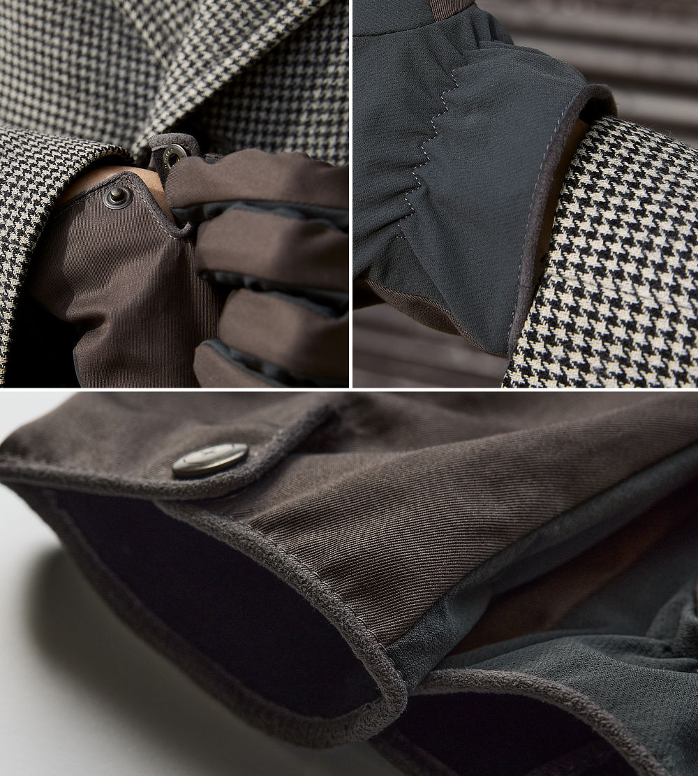 手首外側にはスナップボタン、内側にはゴム入りでフィット感を高め、冷気の侵入を防止。端には人工皮革を使用し、さりげなく高級感をプラスしています。「classic tech（クラシック テック）」｜手袋の町東かがわ市で生まれた選りすぐりの手袋・グローブ「tet.（テト）」