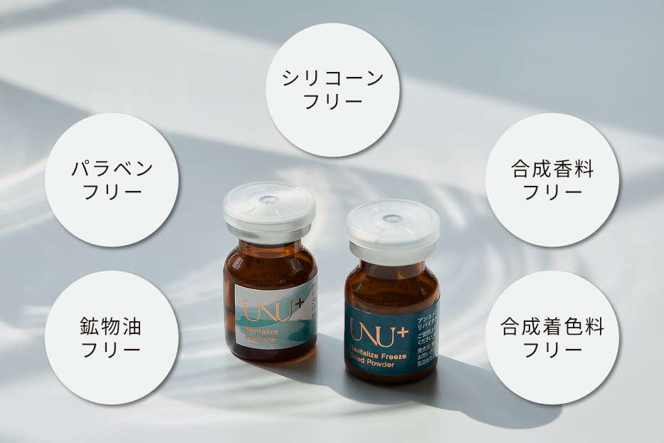 8種の自然由来成分で構成。パラベン、シリコーン、鉱物油、合成香料 、合成着色料、遺伝子組み換え成分は使用していません｜ヒト幹細胞を配合したUNU＋ ment（アンユメント）の３日間集中美容液「リバイタライズ FDセラム」