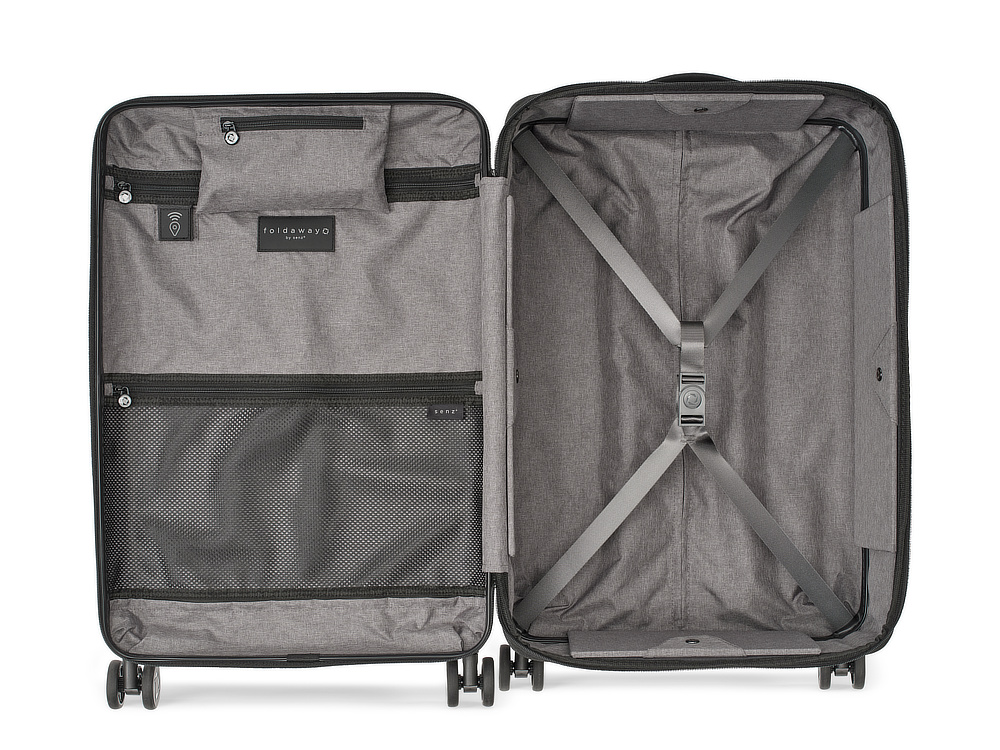 スーツケースの紛失防止対策として、「seek my senz」システムを搭載。｜空港で、観光地で、旅スタイルをスタイリッシュに。薄くたためてスリムに収納できる。スーツケース「senz°（センズ）oldaway（フォルダウェイ）」