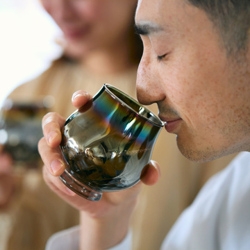 いつものお酒に、惚れ直す｜《ワイングラス／2個組》オーロラの光彩で眼福を、まろやかな味わいで口福をもたらす、純チタンコーティンググラス｜PROGRESS プログレス